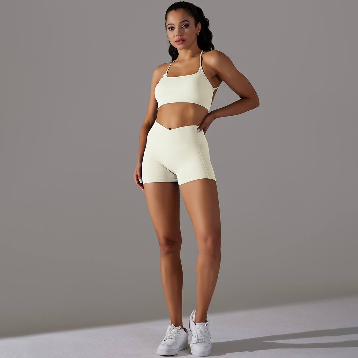 The KEQUAN Everyday Yoga Shorts Set in a light neutral colour
