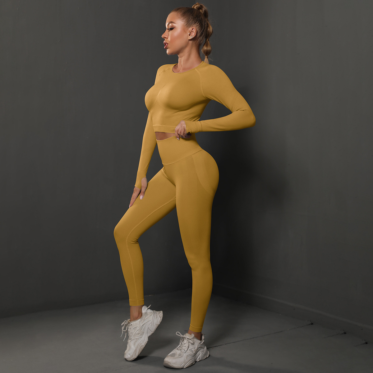 The KEQUAN Seamless Long Yoga Set in a warm yellow shade